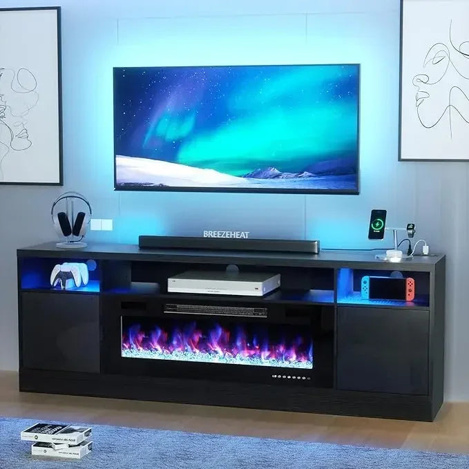 Modern Entertainment Center with LED Lights and Fireplace Insert