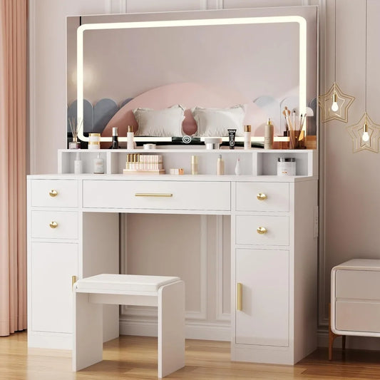 Beautiful Vanity Set with Large LED Lighted Mirror with 3 color Lighting and Power Outlet, White