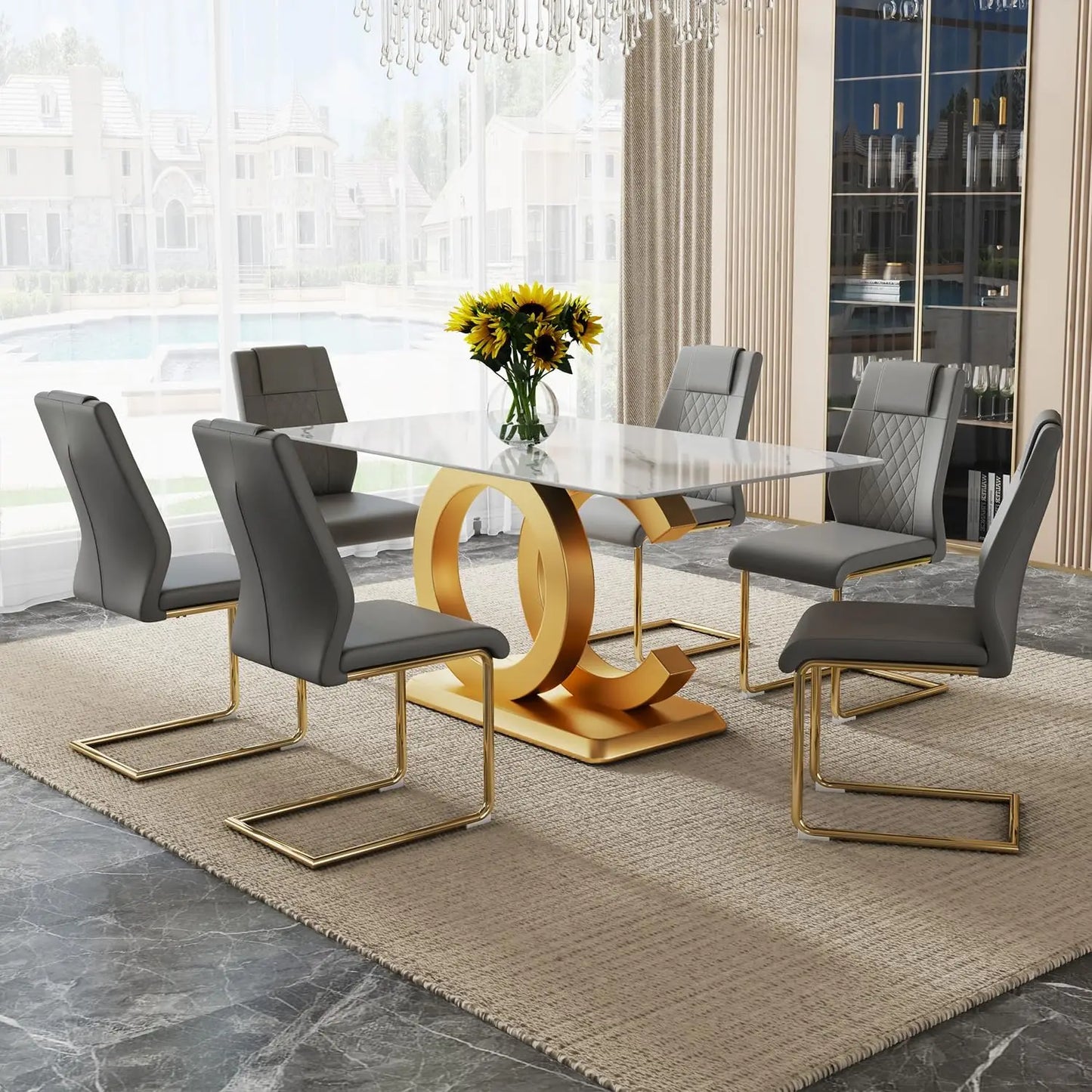 Rectangular Dining Room Table with 6 PU Leather Upholstered Dining Chairs