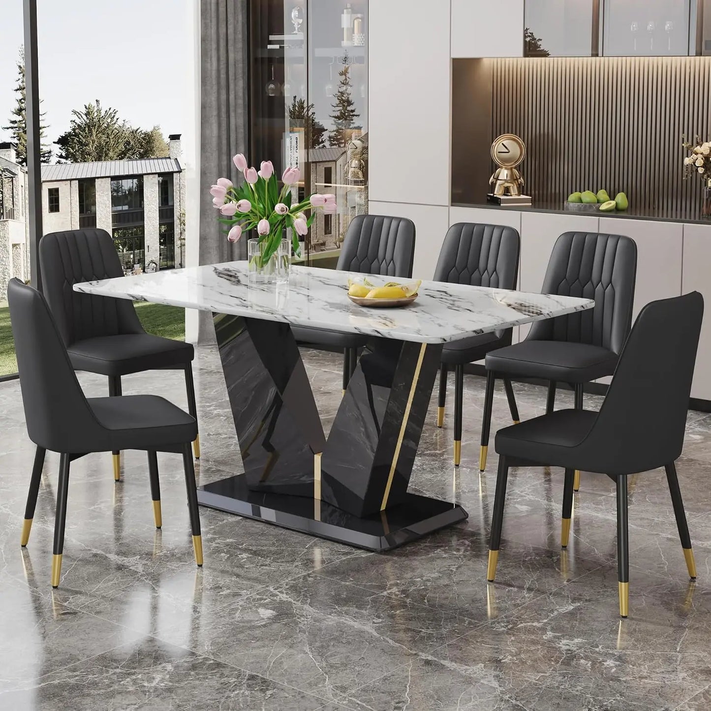 Black Dining Room Table Set for 6, Modern Marble Dining Table with 6 Metal Leg Chairs Kitchen Table Chair Set for Dining Room