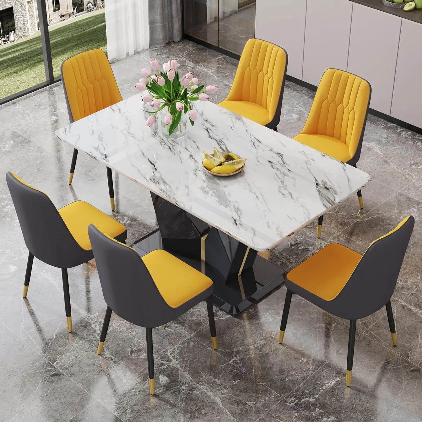 Black Dining Room Table Set for 6, Modern Marble Dining Table with 6 Metal Leg Chairs Kitchen Table Chair Set for Dining Room