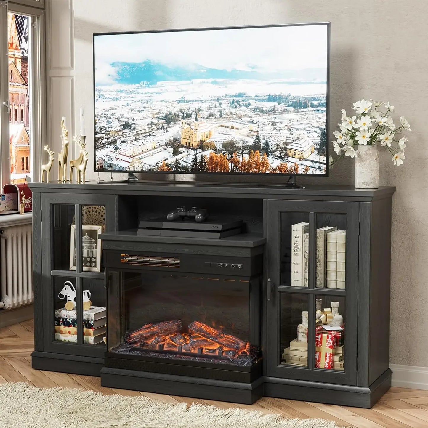 Beautiful and Timeless Designed Entertainment Console with Glass Fireplace