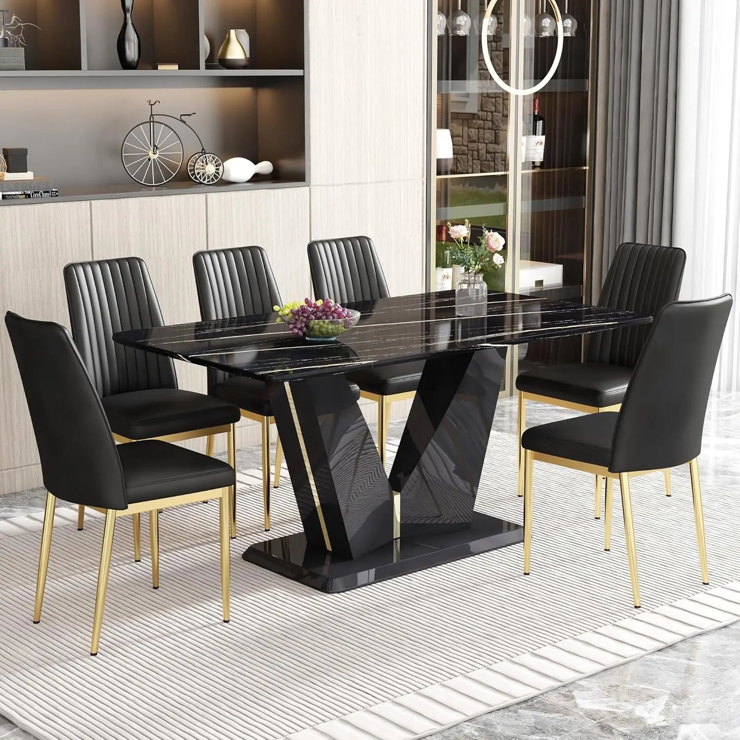 Black Dining Room Table Set for 6, Modern Marble Dining Table with 6 Metal Leg Chairs Kitchen Table Chair Set for Dining Room