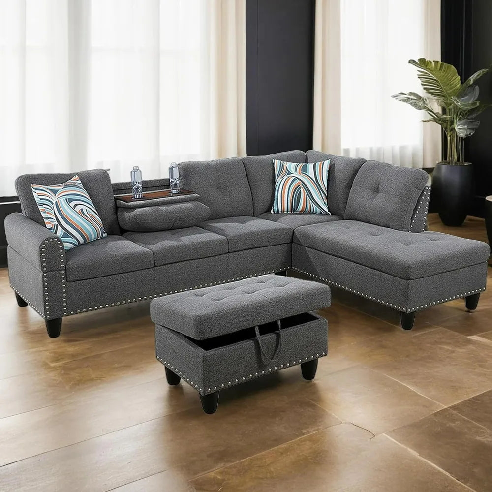 Modern L shaped Sectional With Ottoman and Grey-Belt Cup Holder