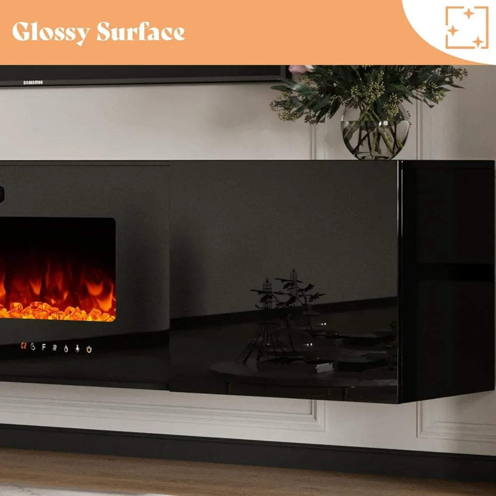 Wall Mounted High Gloss Entertainment Media Console with Floating 40" Fireplace