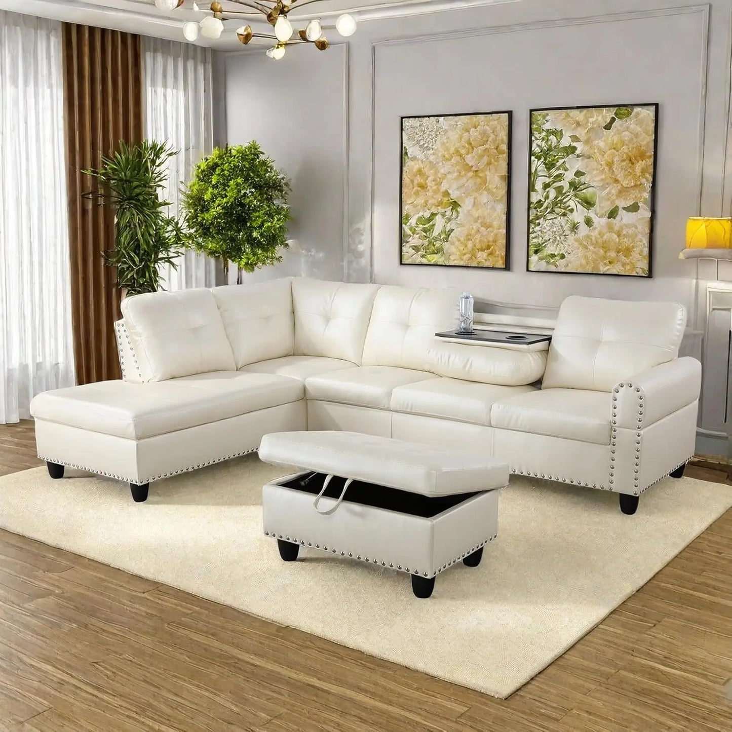 Modern L shaped Sectional With Ottoman and Grey-Belt Cup Holder