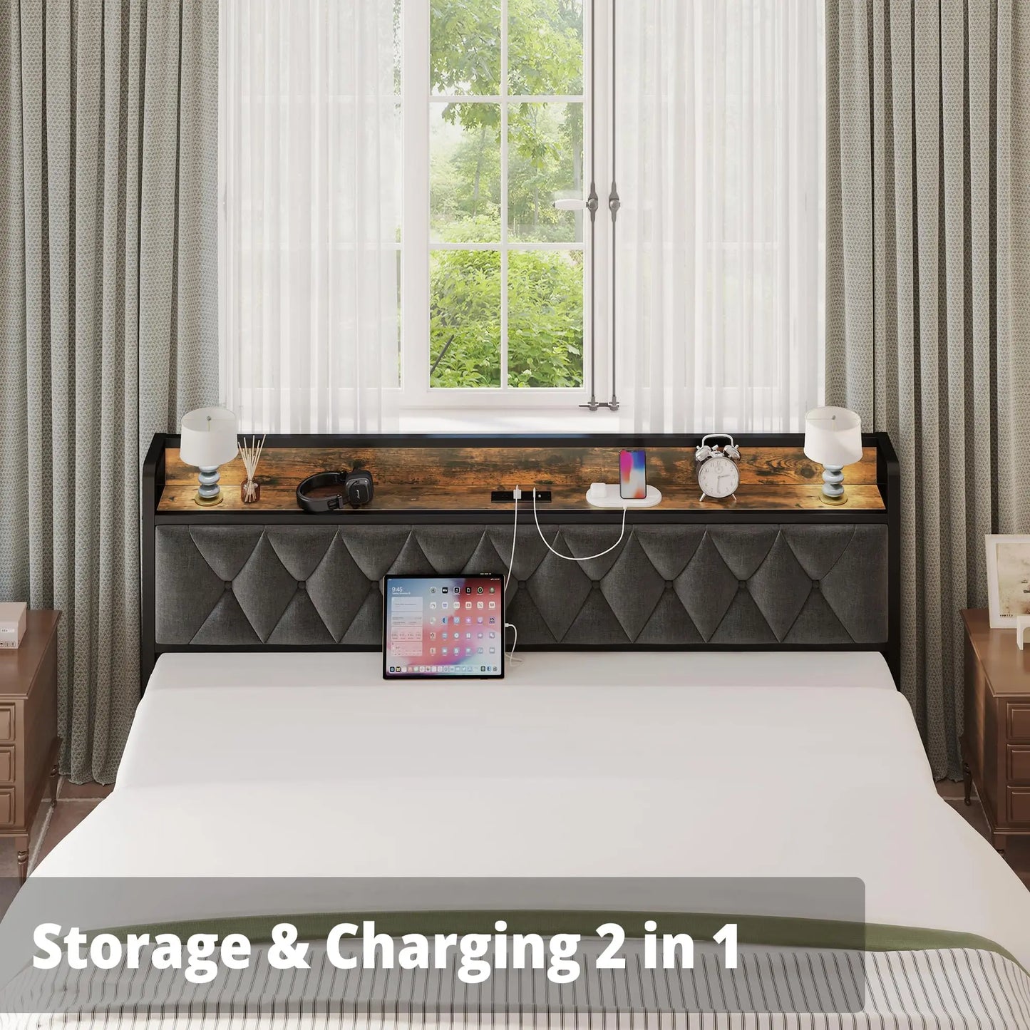 Bed Frame with Storage Headboard with Outlets