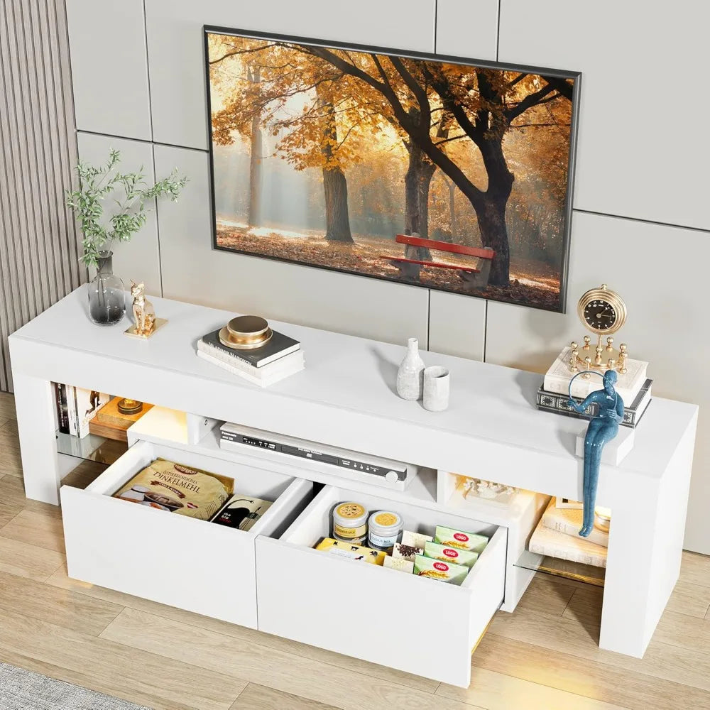 Modern Console Table with Open Media Shelf, with Double Drawer and Remote