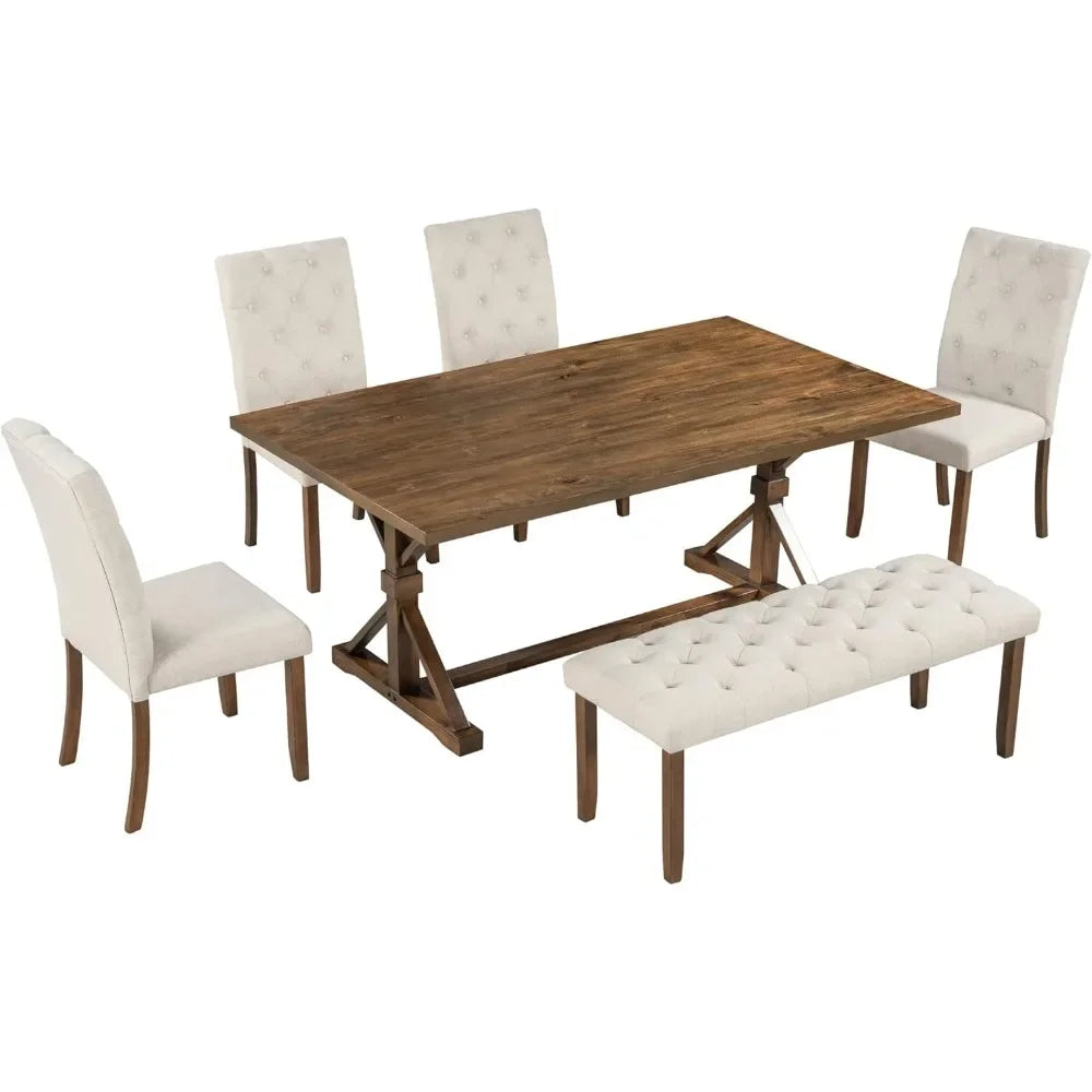 Exquisitely Designed Farmhouse Kitchen Table, Includes 4 White Upholstered Chairs and A Bench