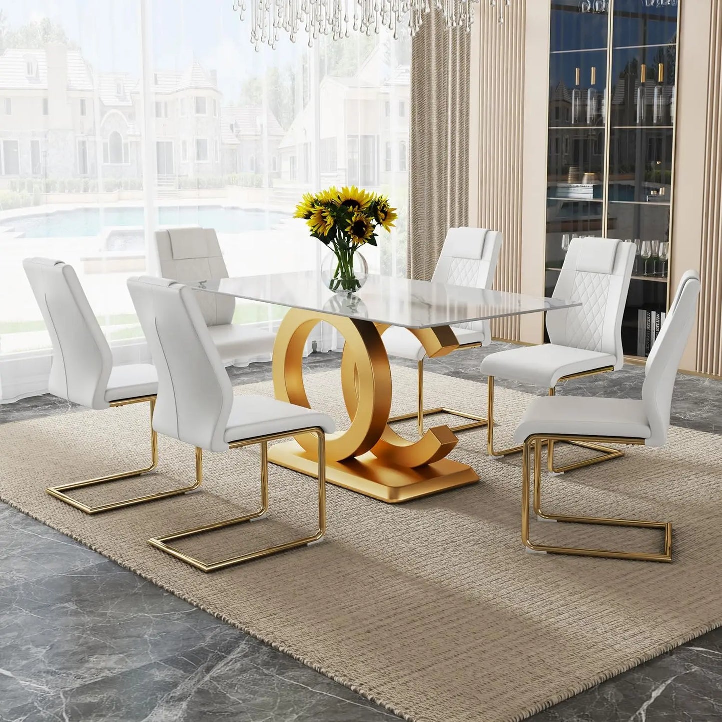 Rectangular Dining Room Table with 6 PU Leather Upholstered Dining Chairs
