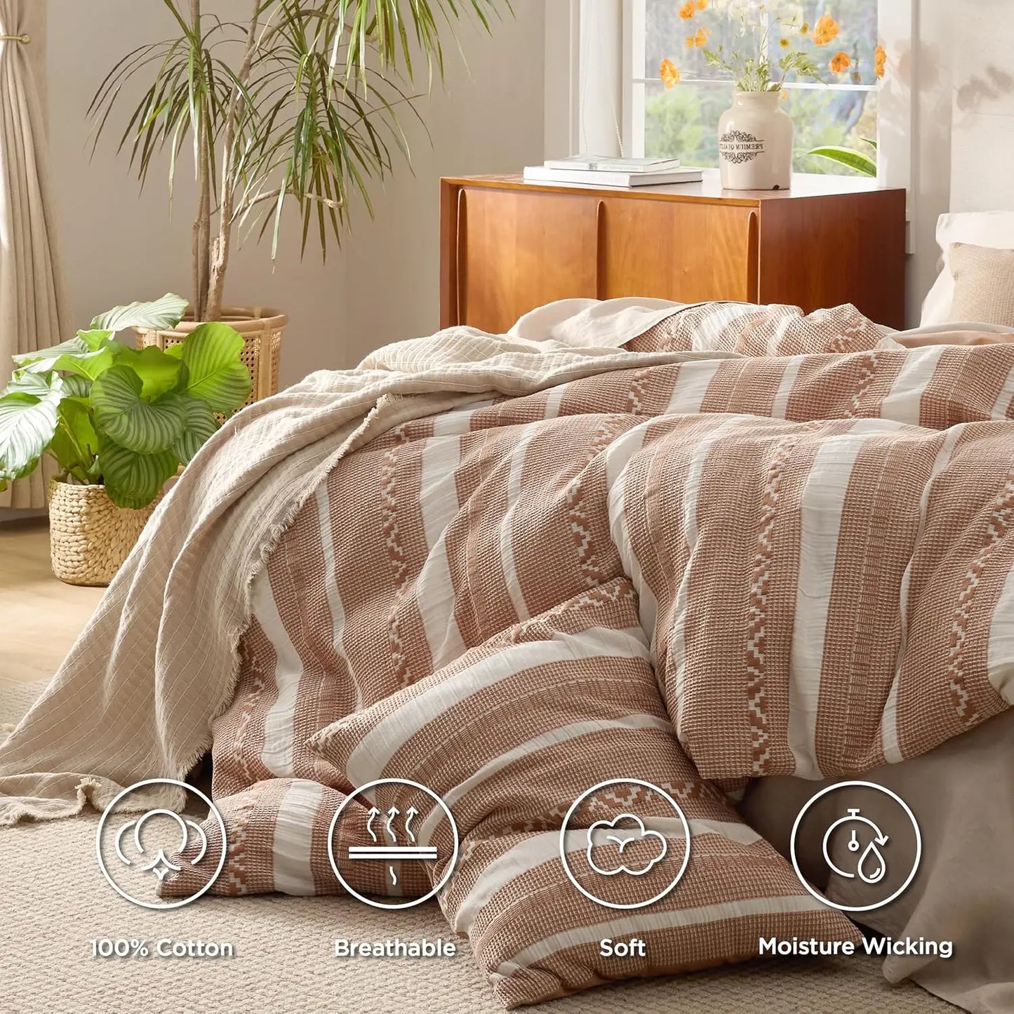 Boho Waffle Weave Duvet Cover Set with 2 Shams