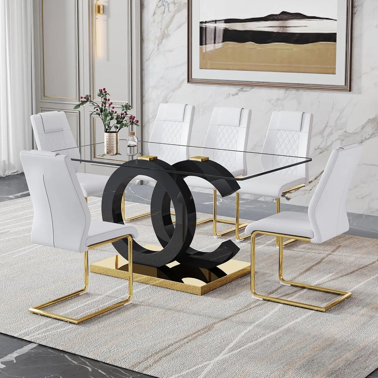 Rectangular Dining Room Table with 6 PU Leather Upholstered Dining Chairs