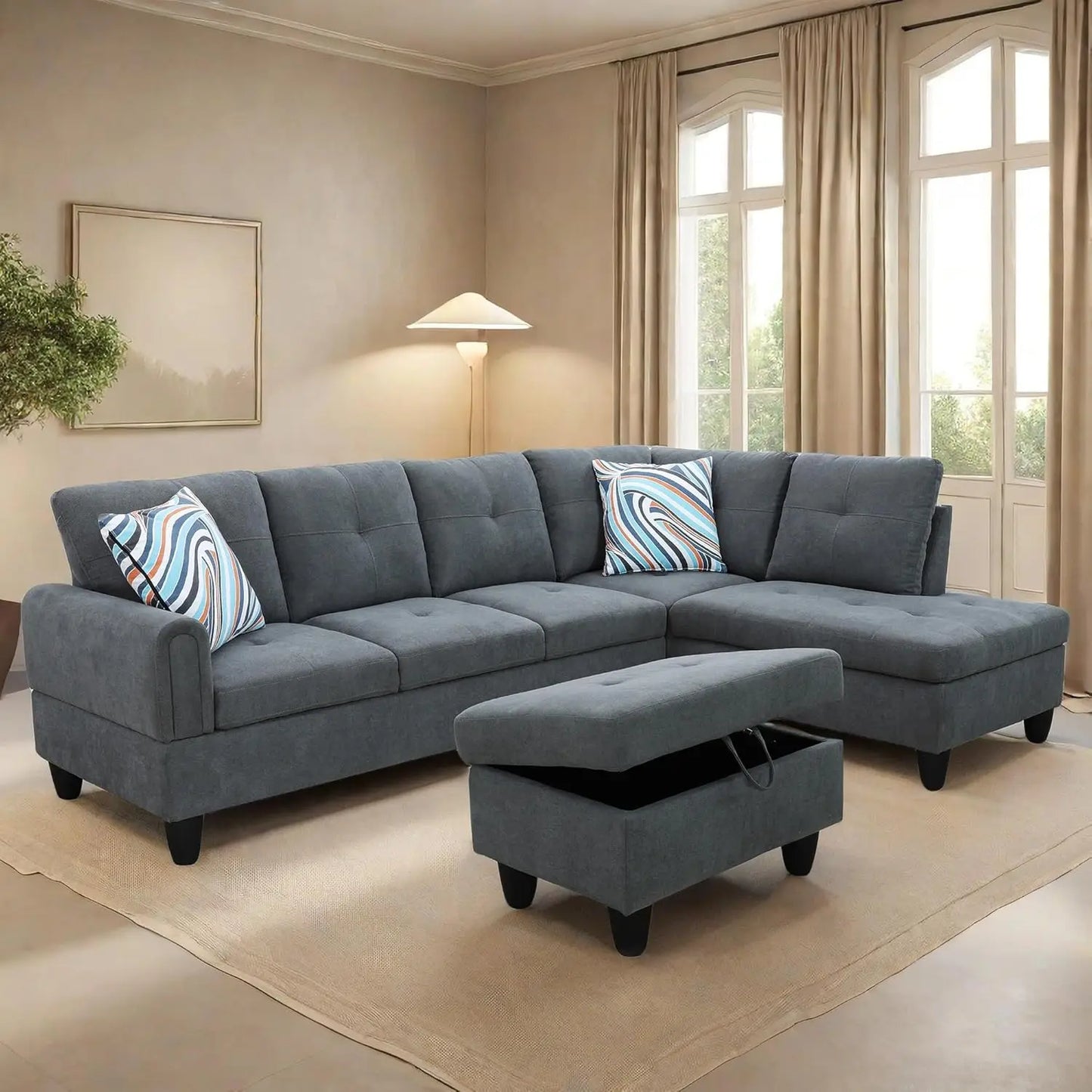 Modern L shaped Sectional With Ottoman and Grey-Belt Cup Holder