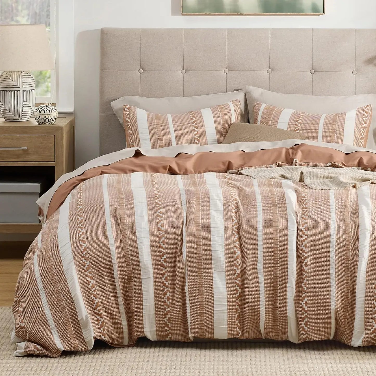 Boho Waffle Weave Duvet Cover Set with 2 Shams