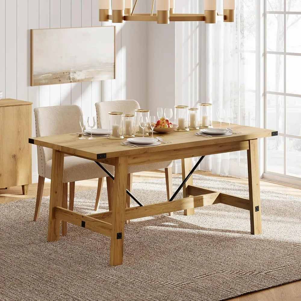 Very Sturdy Wooden Farmhouse Dining Table with Heavy Duty Wooden Legs