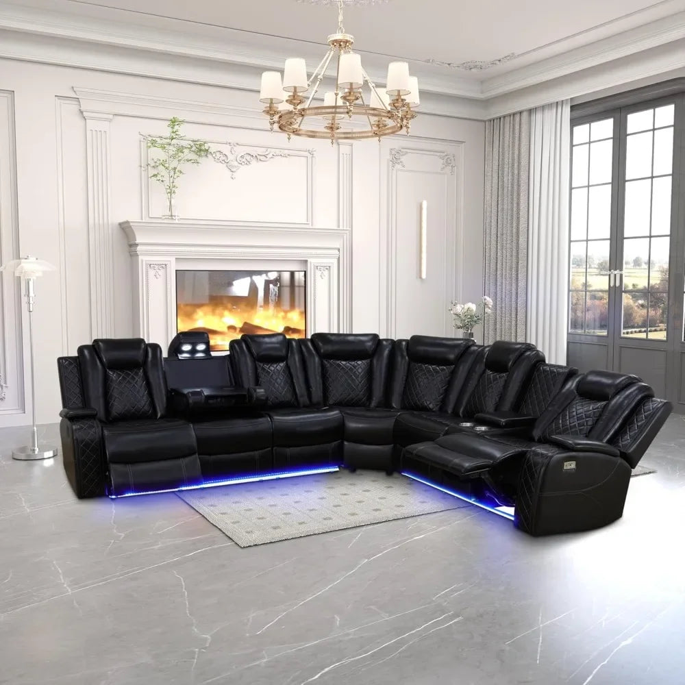 Leather Power Recliner Sectional Sofa with LED