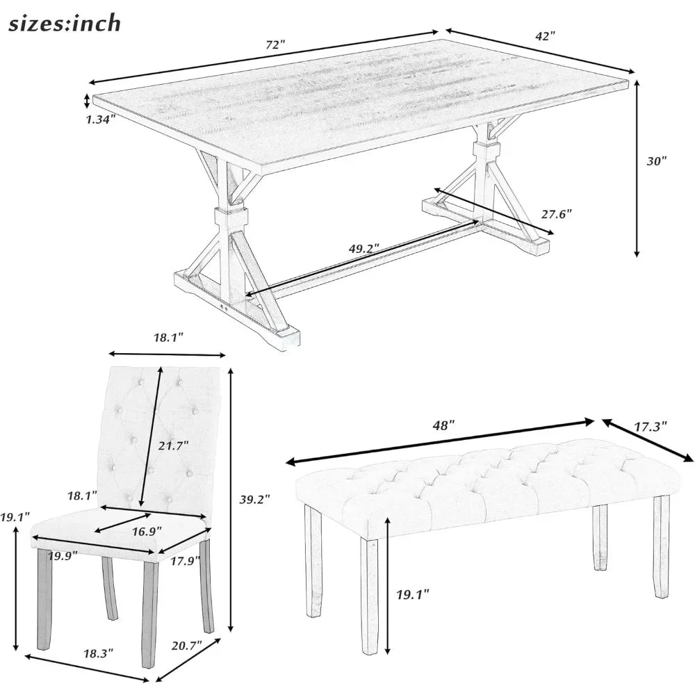 Exquisitely Designed Farmhouse Kitchen Table, Includes 4 White Upholstered Chairs and A Bench