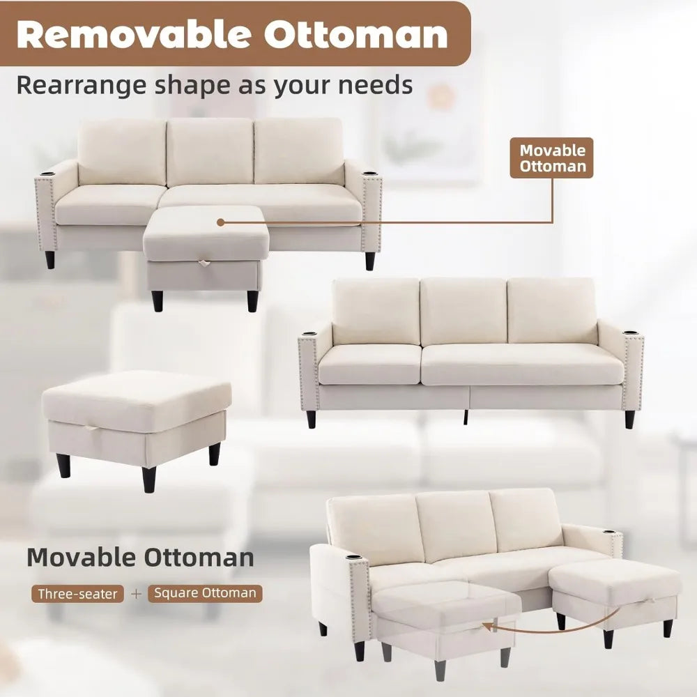 Convertible L-Shaped 3 Seat Sofa With Storage Chaise & 2 Cup Holders