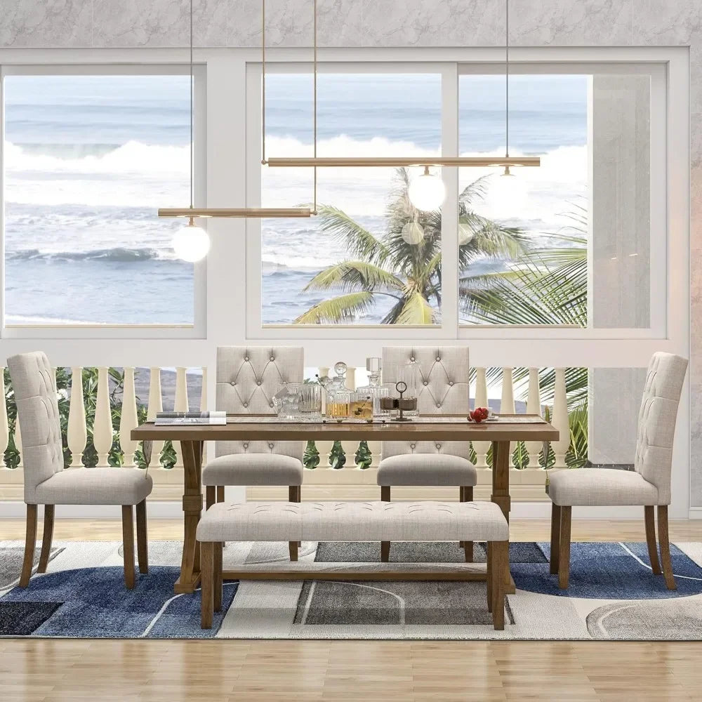 Exquisitely Designed Farmhouse Kitchen Table, Includes 4 White Upholstered Chairs and A Bench