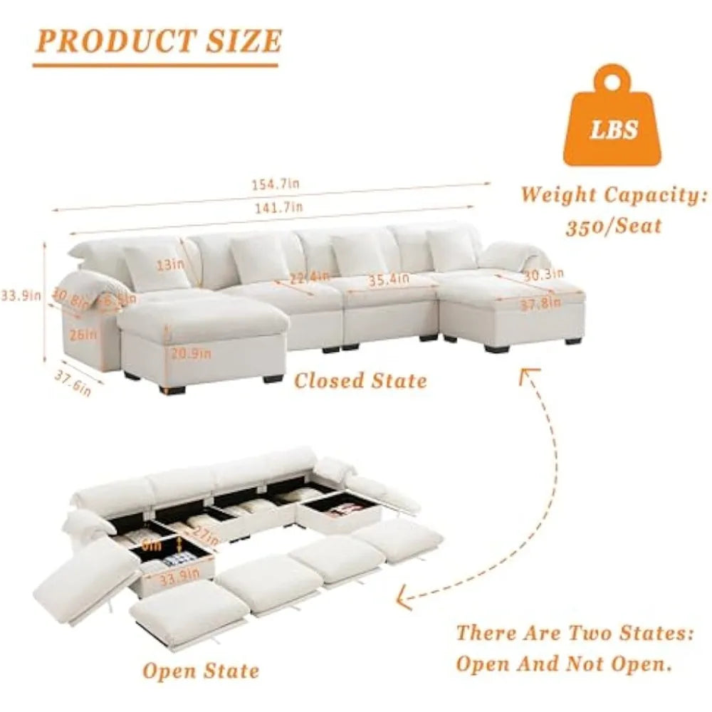 White Modular Oversized Sofa with Hidden Storage, 4 Lumbar Pillows and 2 Ottomans