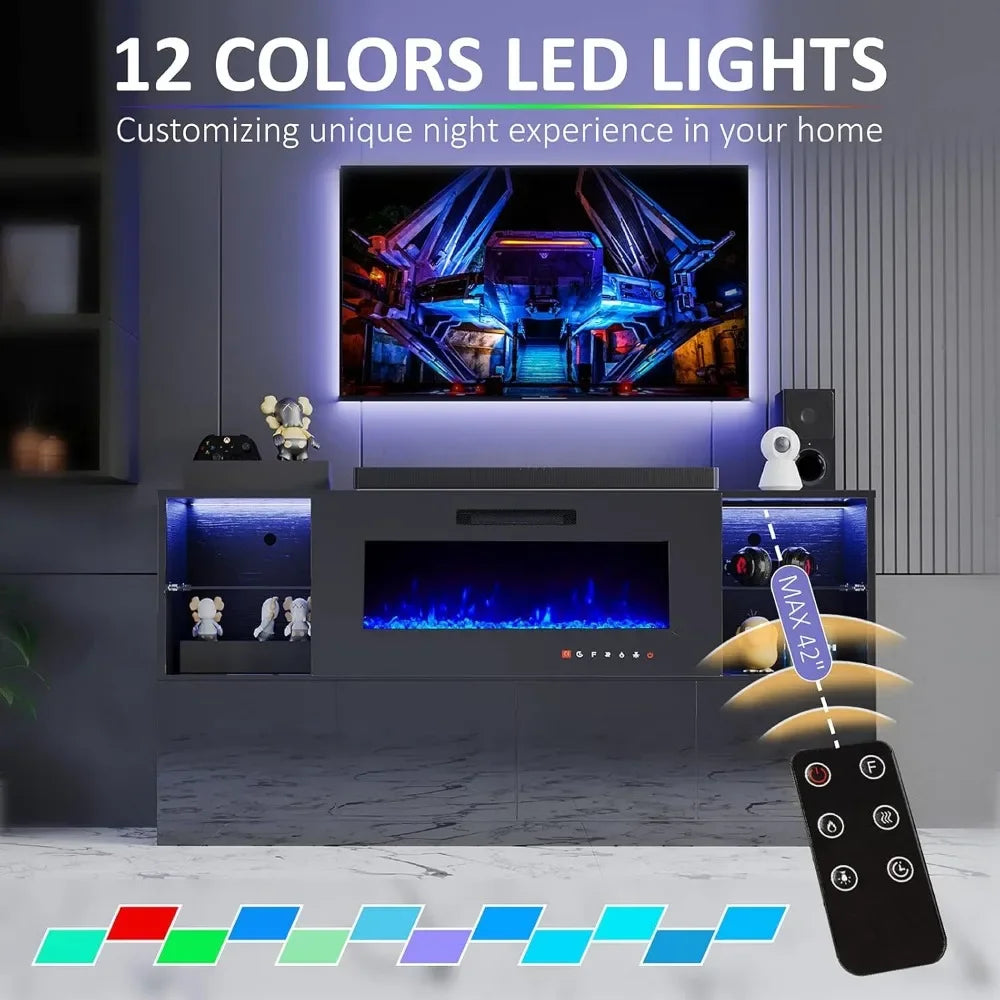 Modern High Gloss Entertainment Center with 40" Fireplace, Grey, Black, White