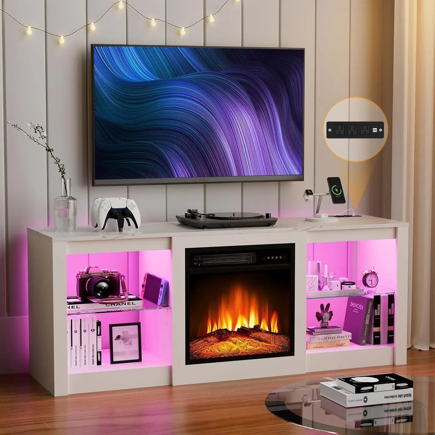 Modern Entertainment Center with LED Lights and Fireplace Insert