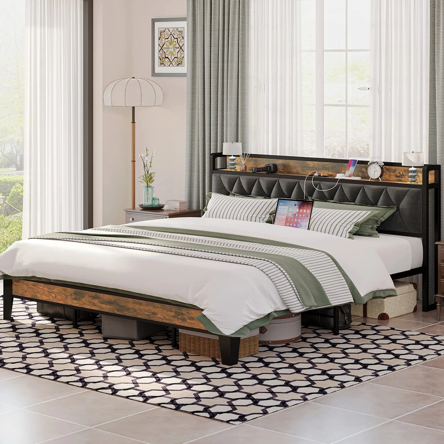 Bed Frame with Storage Headboard with Outlets
