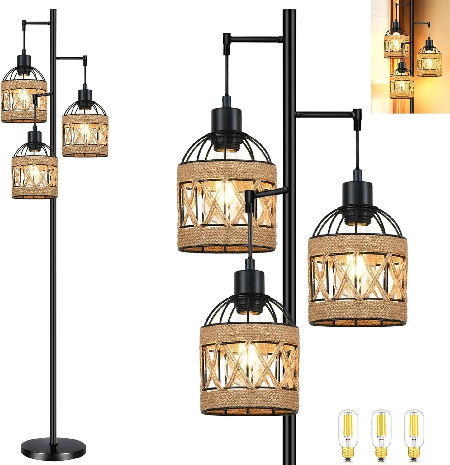 Woven Rattan 3-Light Floor Lamp