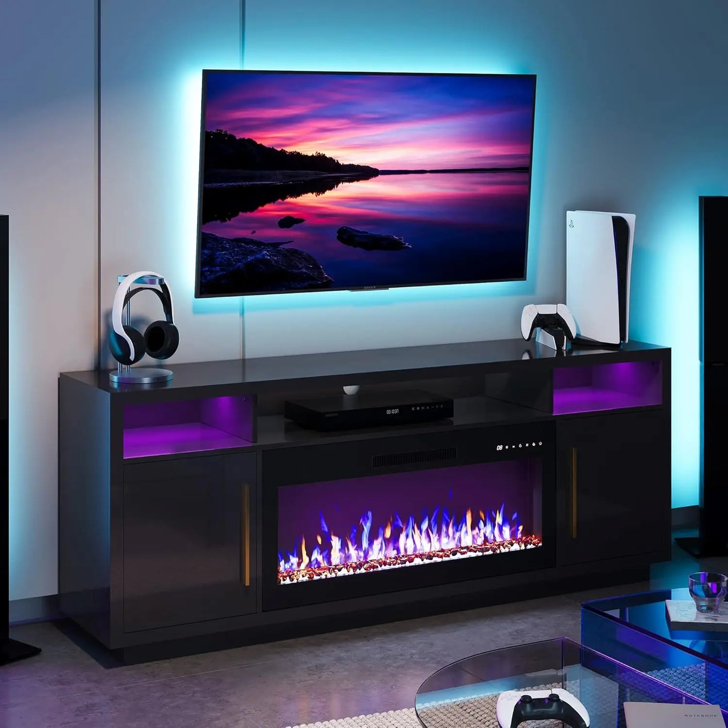 Entertainment Center with Electric Fireplace and LED Lighting with Remote