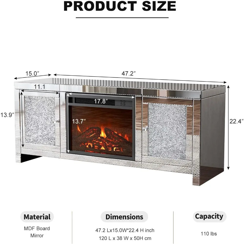 Elegant Mirror Media Entertainment Console with Fireplace and Storage